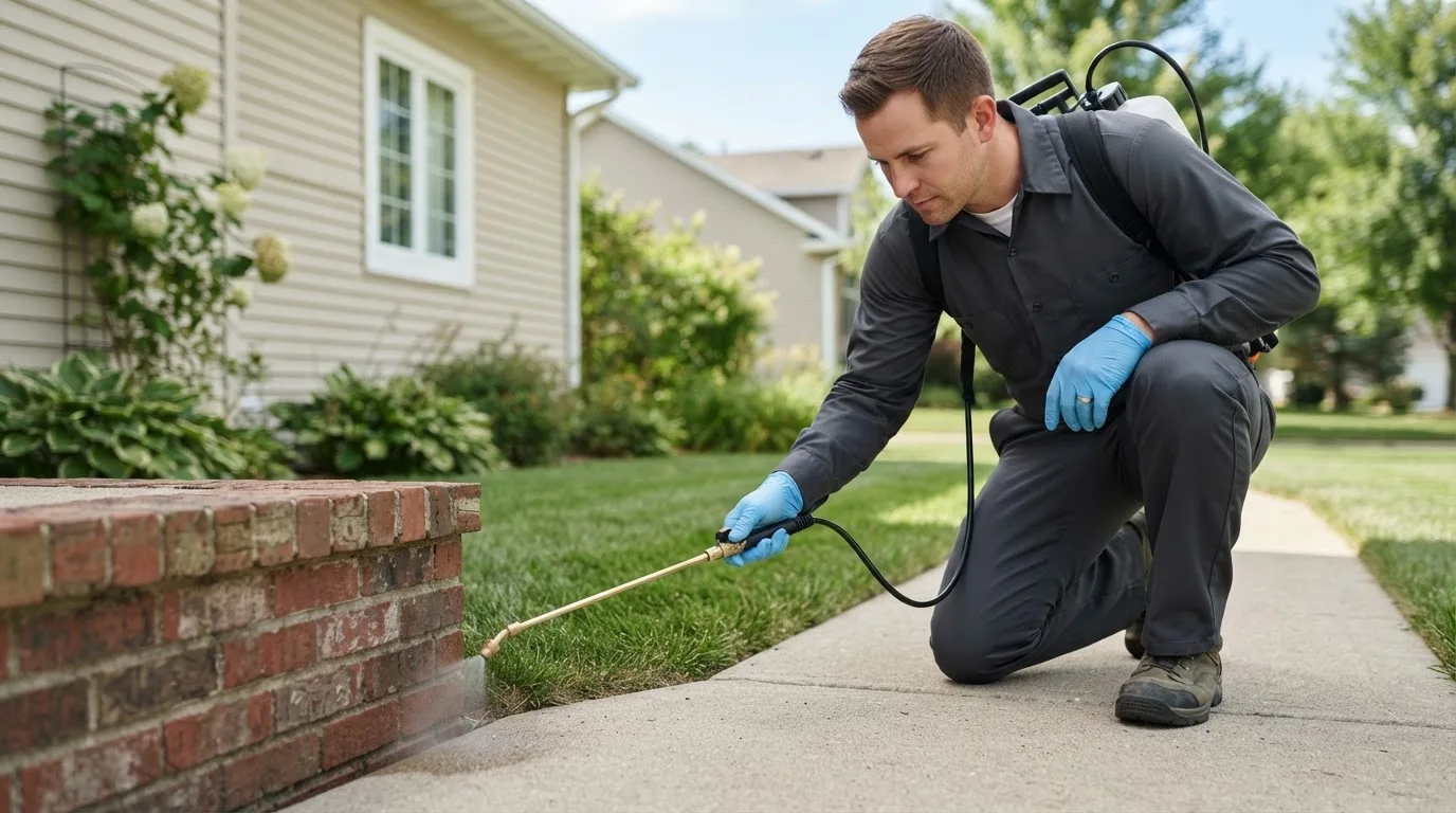 Pest control technician treating a home near Fairview, OR